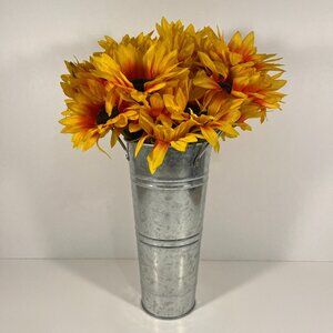Fake Yellow & Orange Sunflower Bouquet in Metal Vase Fake Flowers in Vase NWOT